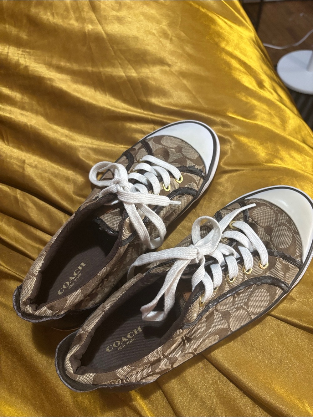 Coach Tan Signature Canvas Lace-Up Sneakers with White Accents